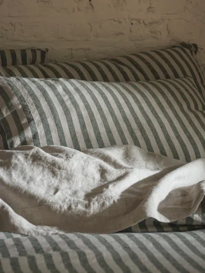 Piglet In Bed Pembroke Stripe Linen Blend Pillowcases In Fern Green/oatmeal