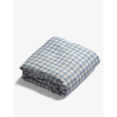 Piglet In Bed Warm Blue Gingham Gingham-pattern Double Linen Duvet Cover