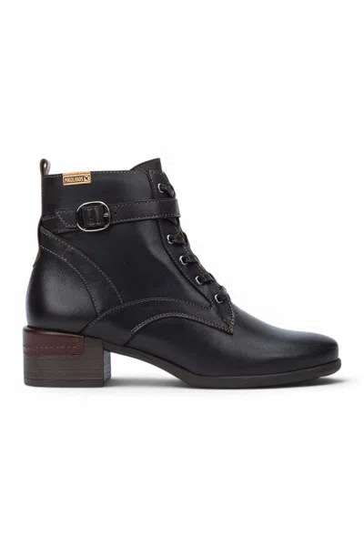 Pikolinos Women's Black Leather Lace-up Mid-heel Ankle Boots - Malaga