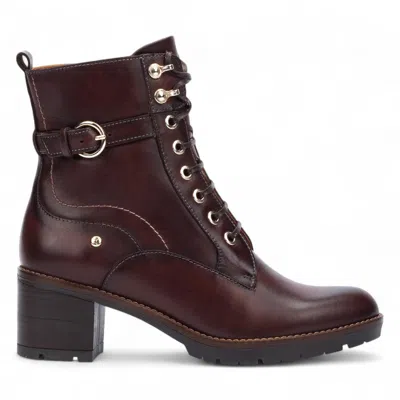 Pikolinos Women's Caoba Brown Leather Mid-heel Combat Ankle Boots - Llanes