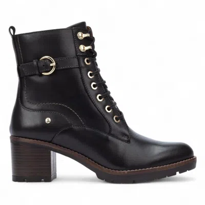 Pikolinos Women's Caoba Brown Leather Mid-heel Combat Ankle Boots - Llanes In Black