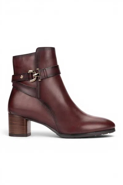 Pikolinos Women's Red Leather Ankle Heeled Boots - Calafat In Burgundy
