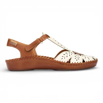 Pikolinos Women's Tan Cream Leather Cushioned Wedge Sandal Shoes - P-vallarta In Brown