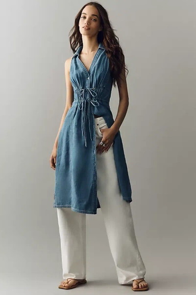 Pilcro 100% Cotton Denim Midi Button-front Blouse In Blue