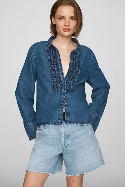 Pilcro 100% Cotton Denim Ruffled Buttondown Shirt In Medium Wash