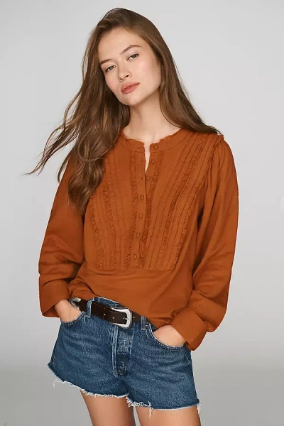 Pilcro 100% Cotton Ruffle Blouse In Brown