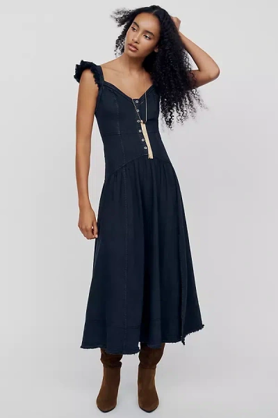 Pilcro 100% Cotton Ruffled Denim Midi Dress In Blue