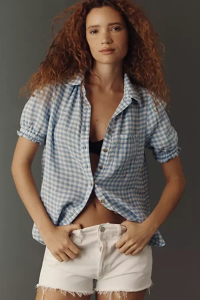 Pilcro Aly 100% European Linen Puff-sleeve Blouse In Blue
