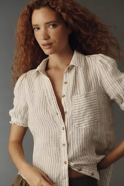 Pilcro Aly 100% European Linen Puff-sleeve Blouse In Green