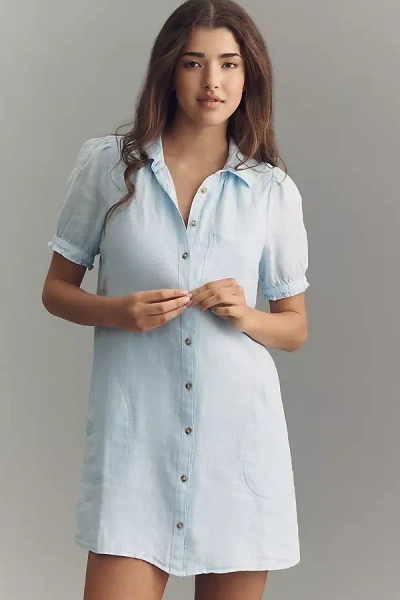 Pilcro Aly 100% European Linen Puff-sleeve Mini Shirtdress In Blue