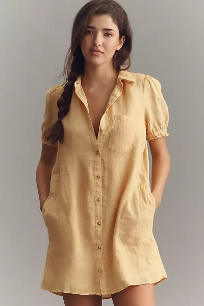 Pilcro Aly 100% European Linen Puff-sleeve Mini Shirtdress In Brown