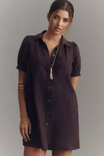 Pilcro Aly 100% European Linen Puff-sleeve Mini Shirtdress In Purple