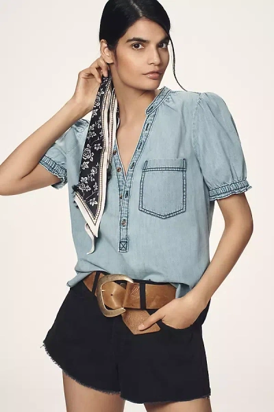 Pilcro Short-sleeve Chambray Henley Shirt In Blue