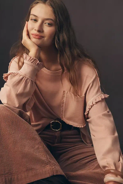 Pilcro Après Long-sleeve Ruffled Cotton Tee In Pink