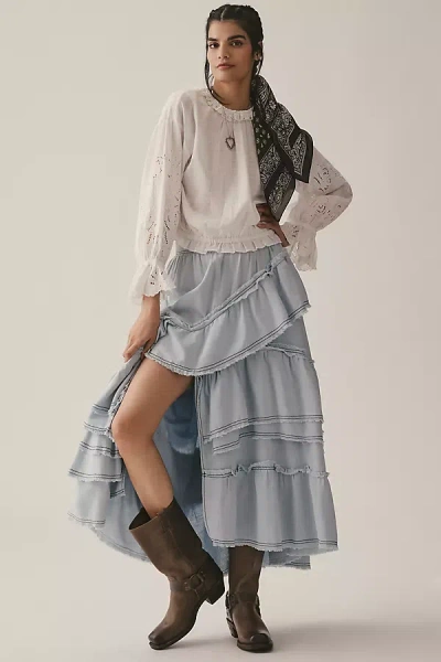 Pilcro Asymmetrical Ruffled Tiered Midi Skirt In Blue