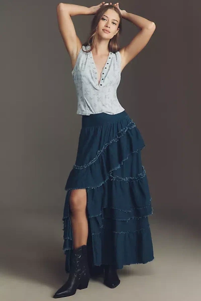 Pilcro Asymmetrical Ruffled Tiered Midi Skirt In Blue