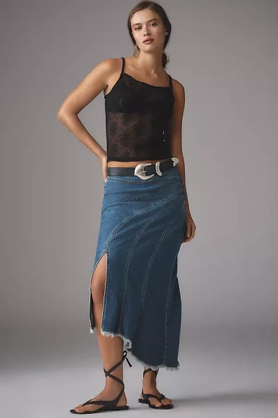 Pilcro Asymmetrical Seamed Denim Midi Skirt In Blue