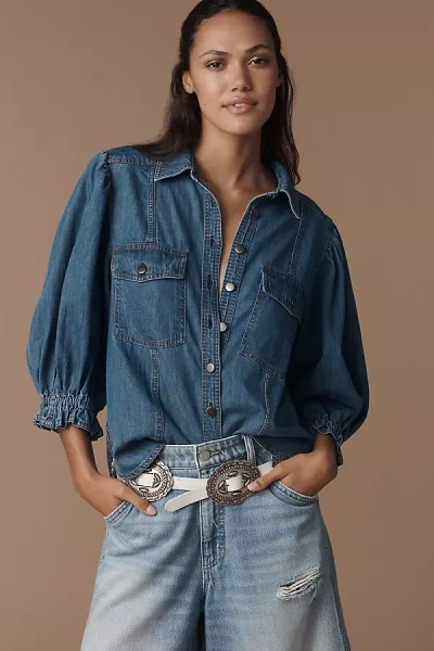 Pilcro Balloon-sleeve Denim Buttondown Top In Blue
