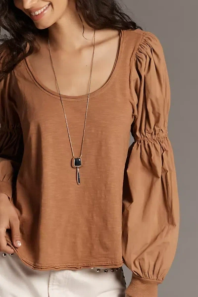 Pilcro Banded Puff-sleeve Cotton Top In Brown