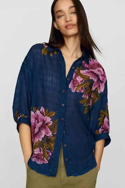 Pilcro Batwing Printed Buttondown Shirt In Blue