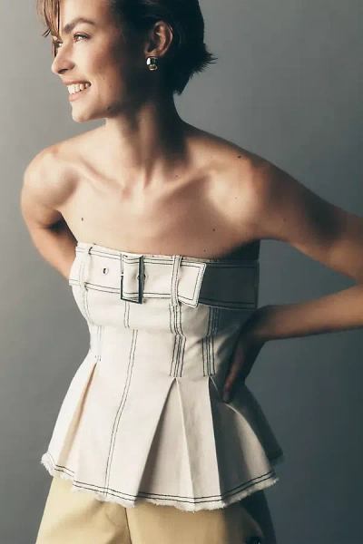 Pilcro Belted Strapless Denim Peplum Top In White