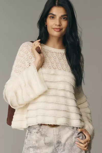 Pilcro Boatneck Ruffled Pointelle Swing Sweater In Neutral
