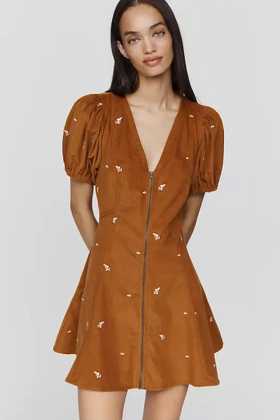 Pilcro Calder Puff-sleeve Corduroy Mini Dress In Brown