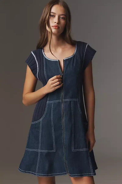 Pilcro Cap-sleeve Denim Swing Mini Dress In Blue