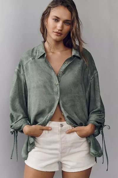 Pilcro Cinched-sleeve Buttondown Top In Green
