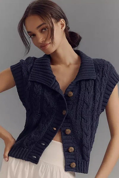 Pilcro Collared Cable Cardigan Sweater Vest In Blue