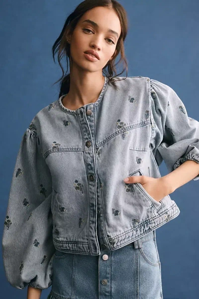 Pilcro Collarless Embroidered Denim Swing Jacket In Blue
