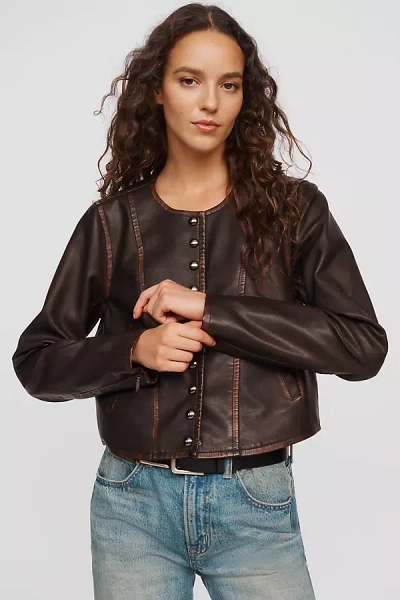 Pilcro Cora Faux Leather Cropped Biker Jacket In Brown