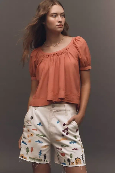 Pilcro Cotton-blend Puff-sleeve Cropped Blouse In Orange