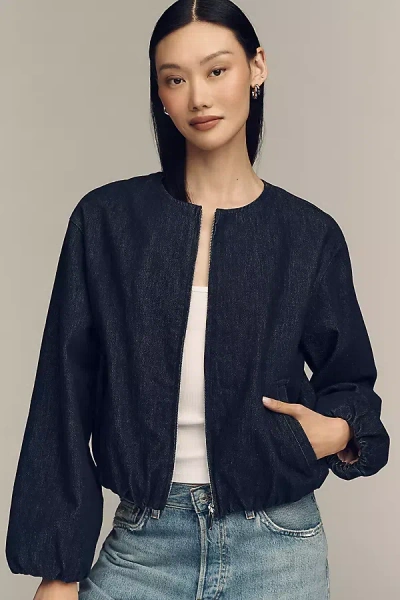 Pilcro Cotton Denim Collarless Jacket In Blue