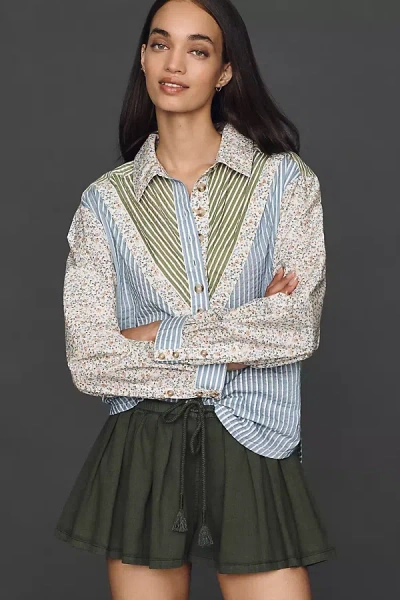 Pilcro Cotton Mixed Stripe Buttondown Shirt In Blue