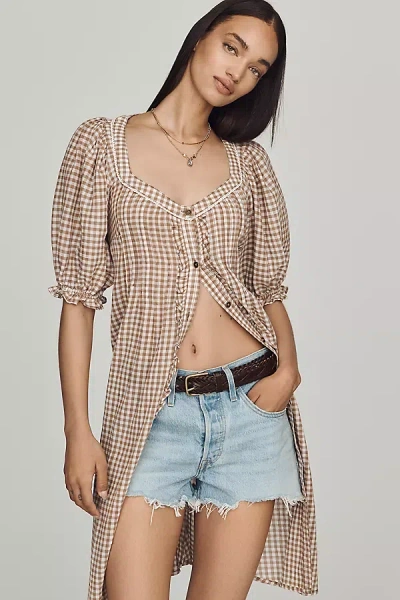 Pilcro Puff-sleeve Gingham Midi Dress In Brown