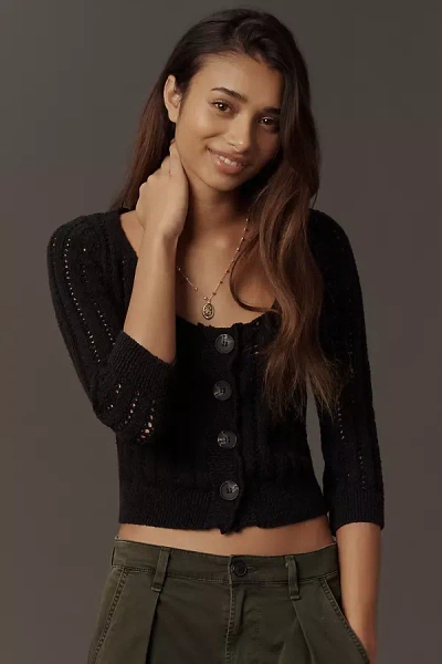 Pilcro Cotton Scoop-neck Stitched Cardigan In Black