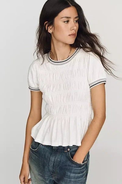 Pilcro Cotton Smocked Peplum Tee In White