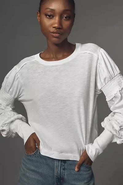 Pilcro Crew-neck Ruched & Smocked-sleeve Top In White