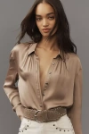 Pilcro Cropped Satin Buttondown Blouse In Beige