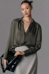 Pilcro Cropped Satin Buttondown Blouse In Green