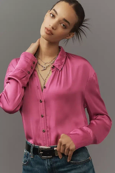 Pilcro Cropped Satin Buttondown Blouse In Purple