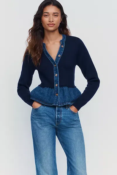 Pilcro Denim Knit Peplum Cardigan In Blue