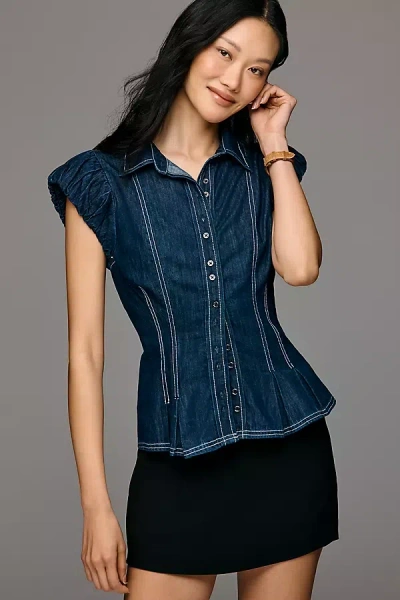 Pilcro Denim Puff Sleeve Top In Blue
