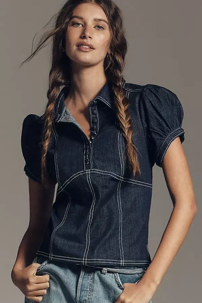 Pilcro Denim Puff Sleeve Top In Blue
