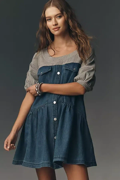 Pilcro Denim Sweatshirt Twofer Swing Dress In Blue