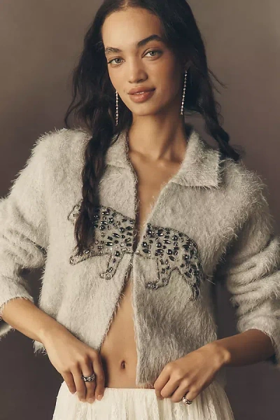 Pilcro Embellished Tiger Cardigan Sweater In Gray