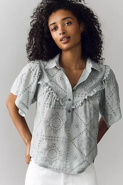 Pilcro Embroidered Eyelet Buttondown Shirt In Blue