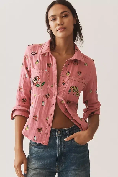Pilcro Embroidered Icon Buttondown Shirt In Pink
