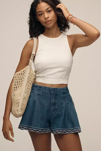 Pilcro Embroidered Pleated Denim Skirty Shorts In Blue